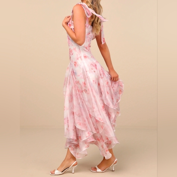 Lulus Cliona Blush Pink Floral Pleated Tie-Strap Maxi Dress, Size XL - Picture 3 of 11